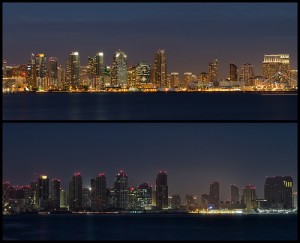 The image on the bottom was taken during a San Diego power outage. All of the lights seen on in the bottom picture are from back up power generators.
